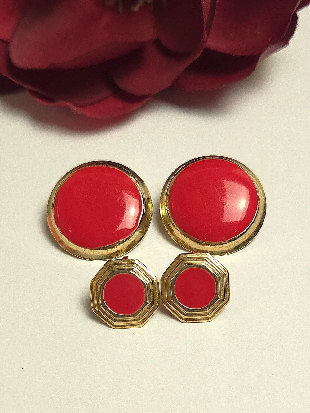 2 Vintage Lipstick Red & Gold Plated Clip on Earrings Circle & Small Hexagon